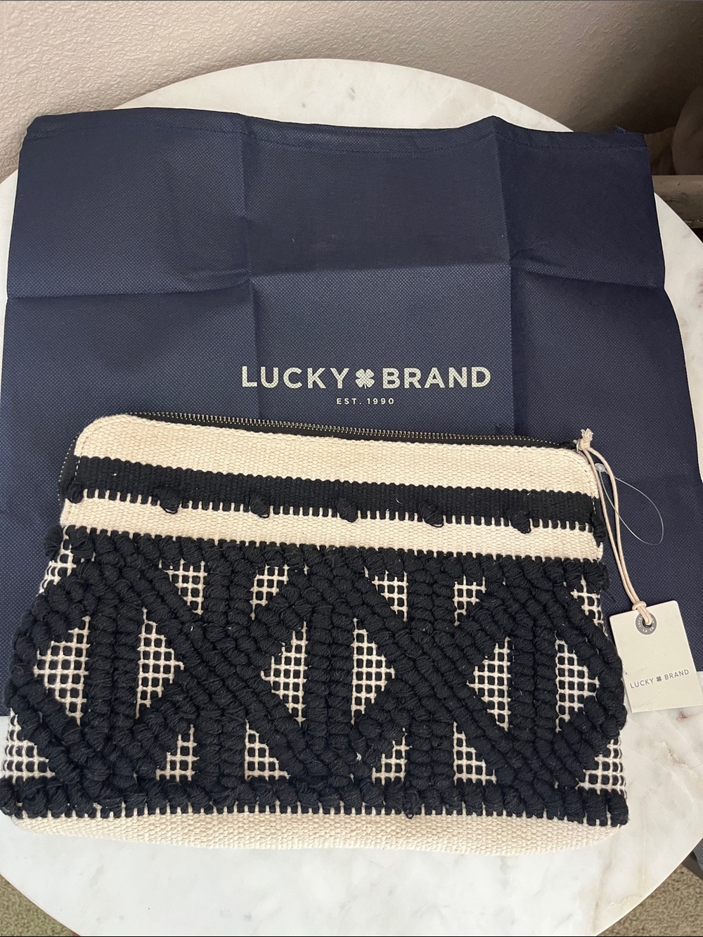 Lucky Brand Black and Cream Woven Macramé Wristlet Clutch